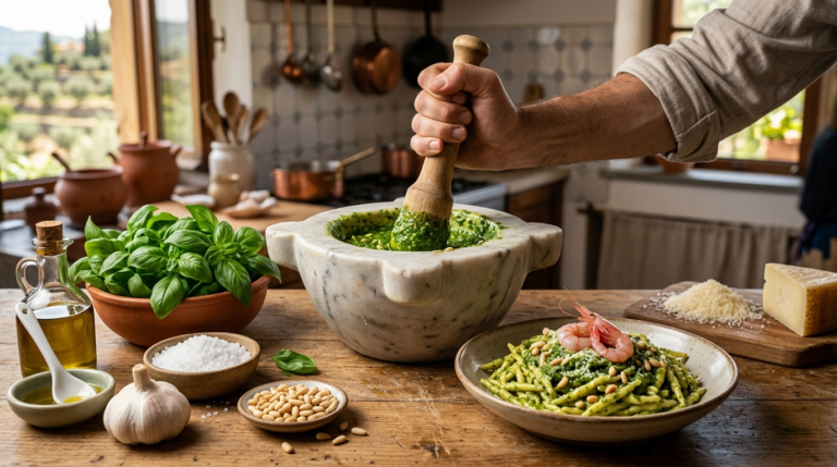 Trofie al pesto genovese: la ricetta scientifica tra tradizione al mortaio e una variante marina al gambero rosso
